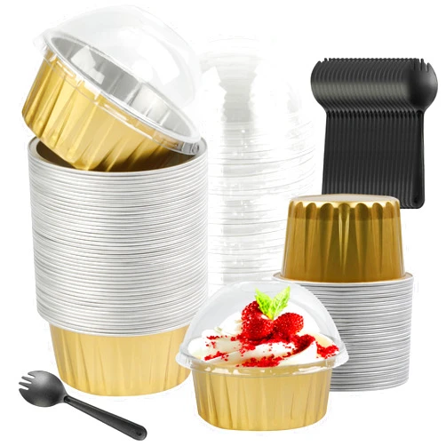 BAKINGPAK Disposable Aluminum Foil Cups, BAKINGPAK 50PCS 4OZ Mini Cake Pans With Lids Disposable Aluminum Baking Cups Individual Cake Pans with Lids Mini Aluminum Pans with Lids For Children Party Birthday,Gold