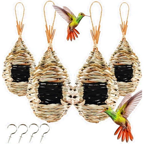 TIHOOD 4PCS 9.2 x 4 Inches Hand Woven Hummingbird House,Bird Hut and Hummingbird Houses Nest, Small Hanging Bird & Chickadee House for Finch & Canary in Outdoor