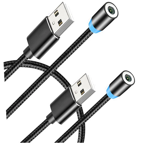 Terasako Magnetic Charging Cable (Not including Magnetic Connector) [2-Pack, 3ft ], 360° Rotating Magnetic Phone Charger Cable with LED Light - Nylon-Braided Cords (Black)