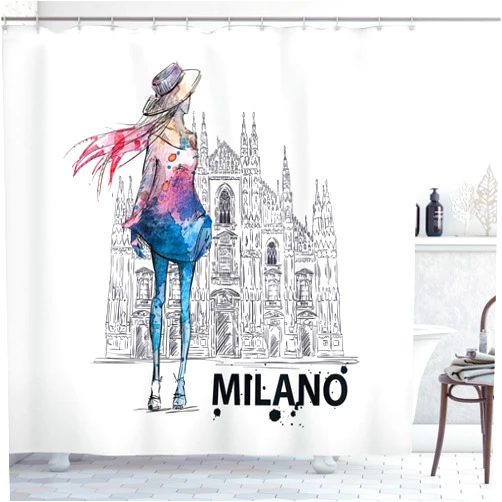 Lunarable Fashion Shower Curtain, Girl with Fashion Clothes Looking Back to Milano Duomo Image Watercolor Style Print, Cloth Fabric Bathroom Decor Set with Hooks, 69