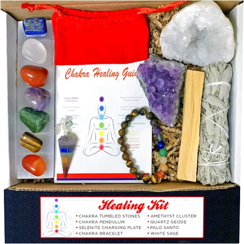HimalayanAroma 14 Pieces Healing Crystals & Stones Kit, Home Cleansing & Wellness Kit, Cleansing & Protection, Chakra Tumbled, Sage, Palo Santo, Amethyst, Selenite, Crystal Quartz Geode, Chakra Pendulum & Bracelet