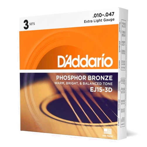 D'Addario EJ15 Phosphor Bronze Extra Light Acoustic Strings 3-Pack