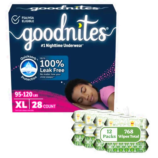 GoodNites Bundle of Goodnites Girls' Nighttime Underwear, Size Extra Large (95-140+ lbs), 28 Ct (2 Packs of 14) + Huggies Natural Care Sensitive Baby Wipes, Unscented, 12 Flip-Top Packs (768 Wipes Total)