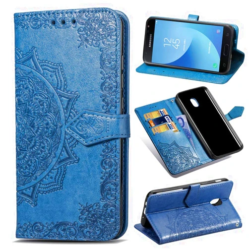 Aslim Galaxy J7 Refine Case,J7 V 2018,J7 Top,J7 Crown,J7 Aero,J7 Aura,J7 Eon,J7 Star Case,PU Leather Wallet Embossed Mandala Floral Flowers Kickstand Flip Cover Card Holder for Galaxy J7 2018 Blue