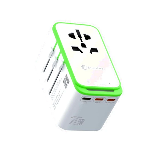 GlocalMe RoamPlug Universal Travel Adapter with 4G WiFi Mobile Hotspot and US 8GB Data, All-in-One International Power Plug Adapter, 4 USB Ports and Max 70W Output for EU UK AUS