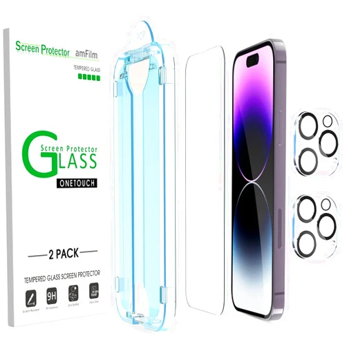 amFilm OneTouch Glass Screen Protector for iPhone 14 Pro 6.1 Inch 2022 with Camera Lens Protector, Easiest Installation, Dynamic Island Compatible, Bubble Free, Tempered Glass, 2+2 Pack