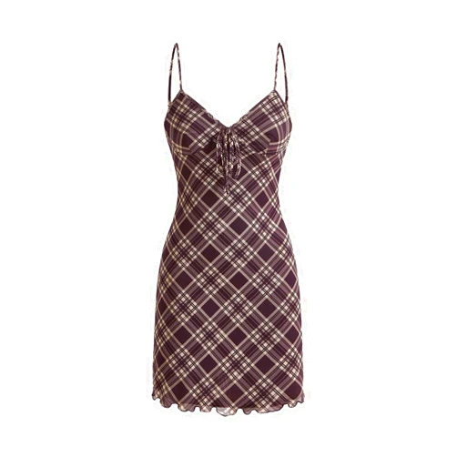 Verdusa Women's Plaid Print Bow Tie Mesh Mini Dress Spaghetti Strap Cami Dresses