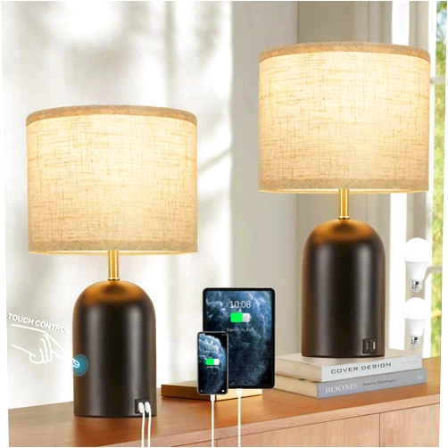 GyroVu Bedside Lamps with USB C+A Charging Ports, Table Lamp Touch Control 3-Way Dimmable Modern Lamp for Bedroom Lamps for Night Stands with Fabric Shade for Living Room Office Dorm (LED Bulbs Included)