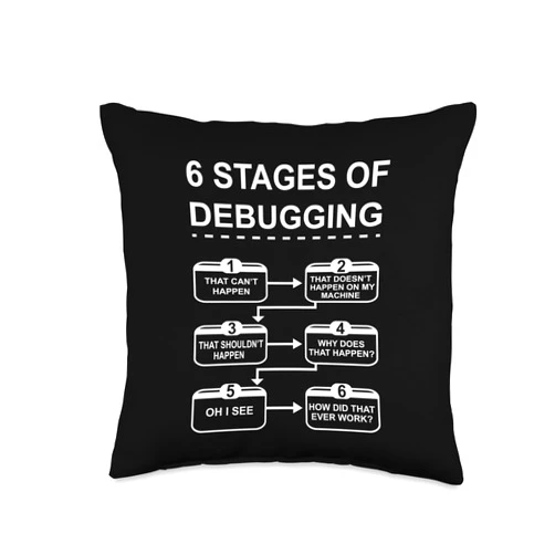 Developer Coder Coding PC Present, Tee and design 6 Stages of Debugging design Programming Computer Science Throw Pillow