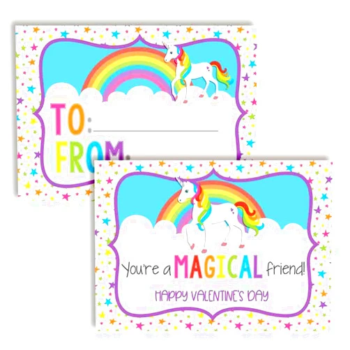 Amanda Creation You're A Magical Friend Cute Rainbow & Unicorn Themed Valentine's Day Cards for Kids to give to Friends & Classmates, Thirty (30) 3.5