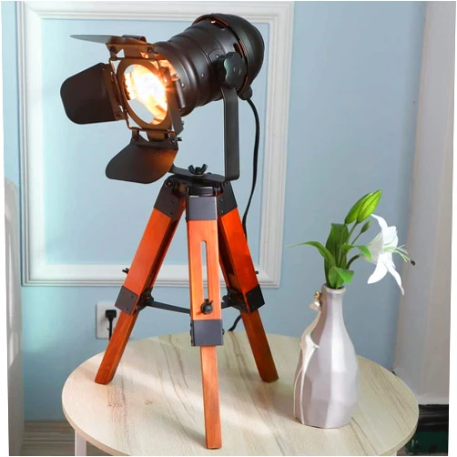 Focolux Farmhouse Vintage Adjustable Cinema Tripod Wood Table Lamp - Nautical Industrial Black Retro Style Spotlights Searchlights Wooden Standing Lamp Cinema Movie Props-for Living Room Bedroom