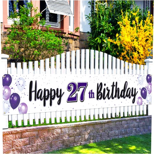 LASKYER Happy 27th Birthday Decorations,27th Purple Balloon Large Birthday Hanging Banner Sign,27 Years Old Bday Party Supplies.