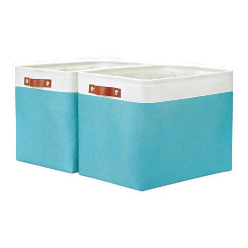 DULLEMELO Large Closet Storage Baskets Canvas Storage Baskets for Organizing 2 Pack Collapsible Home Organizer With Handles (White&Teal)