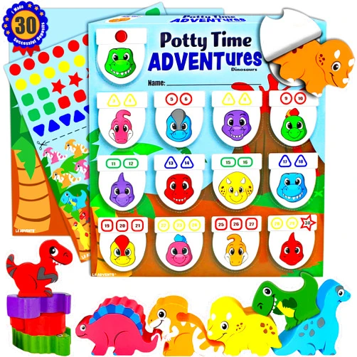 LIL ADVENTS Potty Time Adventures Potty Training Chart by Lil ADVENTS - Dinosaurs with 14 Wood Block Toy Prizes - Potty Training Advent Game - Wooden Block Toys, Reward Chart, Activity Board & Stickers