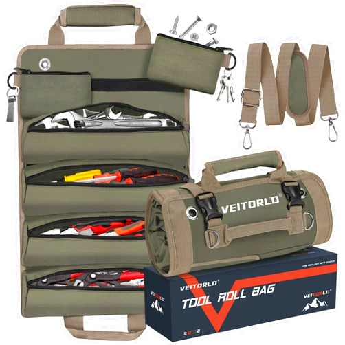 Veitorld Tool Roll Up Bag, Gifts for Men Dad Husband Him Chirstmas, Mens Stocking Stuffers, Portable Tools Box Storage for Men, Heavy Duty Tool Organizer W/Detachable Pouches for Electrician Mechanic Carpenter