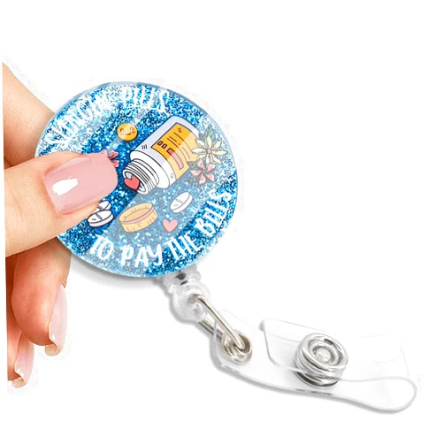 Pishovi Slinging Pills to Pay The Bills Retractable Badge Reel with Glitter, Funny Pill Bottle Badge Holder for Pharmacist Pharmacy Doctor Nurse Pharmacy Techr, Graduation Gift for Pharmacy Students