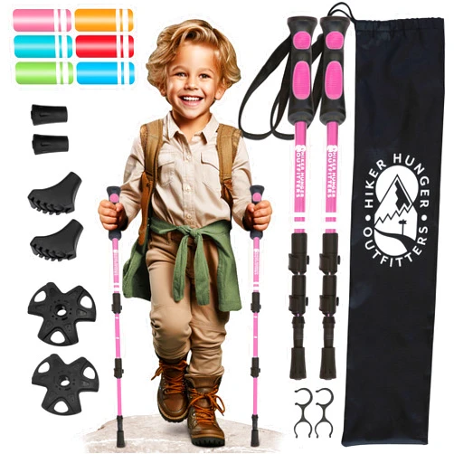 Hiker Hunger Outfitters Kids Hiking Poles by USA Brand - Lightweight Collapsible Kids Walking Stick w/Quick Adjustable Flip Locks