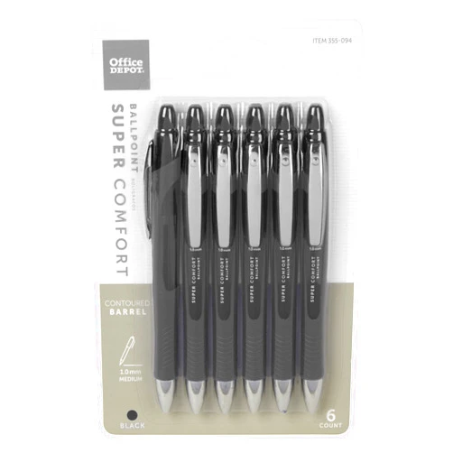 Office Depot® Retractable Ballpoint Pens With Grip, Medium Point, 1.0 mm, Black Barrel, Black Ink, Pack Of 6