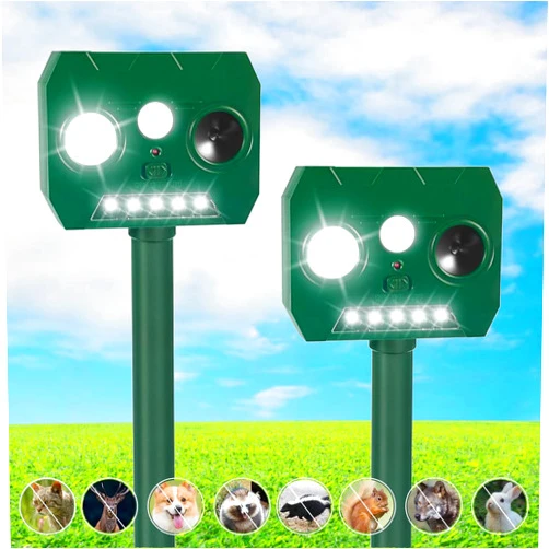 Jahy2Tech 2 Pcs Solar Ultrasonic Animal Repellent 2024 Safe Cat Deterrent Outdoor with Flash Light & Motion Detector to Repel Squirrel, Cat, Deer, Skunk, Rabbit, Mole, Rat, Dog, Raccoon for Yard