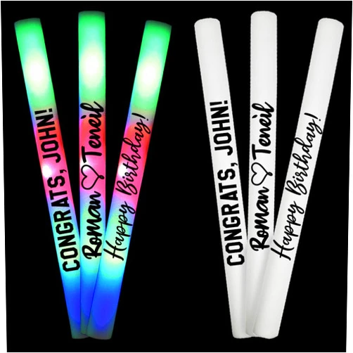 MR PARTY KING Pack of 100, Custom LED Party Foam Light Sticks for Wedding, Birthdays, Guests, Party, DJ, Concerts, Festivals, Events, Promotions 3 Color Lighting Modes Batteries 16