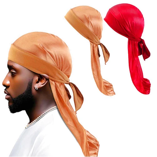 YeeMan 2PCS Silky Durags for Men,Satin Durag Cap with Long Tail and Stretchy Wide Band