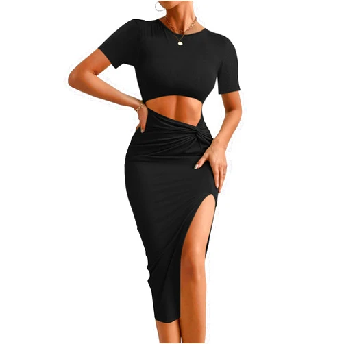 Rooscier Women's Twist Cutout Waist Split Crewneck Short Sleeve Bodycon Midi Dress