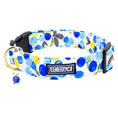 TEEMERRYCA Comfortable Cotton Dog Collars Boy Blue Blueberry Pattern Summer Pet Collar with a Fruit Charm for Male Small Medium Large Dogs, S