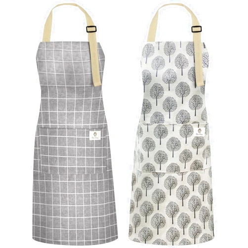 NLUS 2 Pack Waterproof Cooking Aprons, Adjustable Bib Soft Chef Apron with 2 Pockets for Men Women (Gray Stripe/Gray Trees)