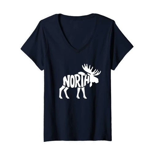 Family Heritage Gifts Womens North Moose Word Art - Winter Wilderness Animal Design V-Neck T-Shirt