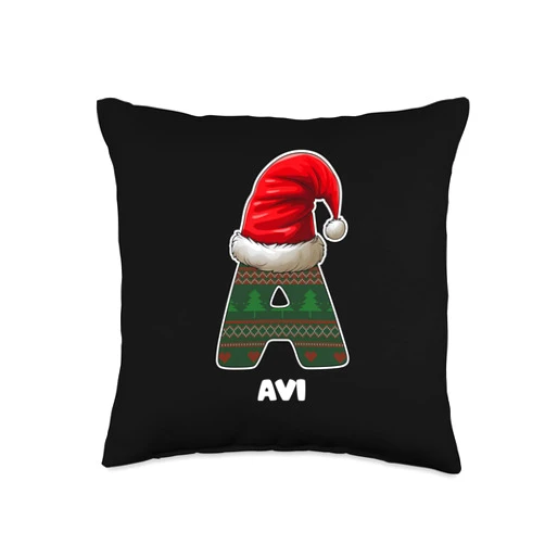 Santa Hat Letter Christmas First Name Gifts Christmas Letter A First Name Avi Throw Pillow, 16x16, Multicolor