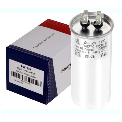 PowerWell 50 MFD uf Motor Run Round Capacitor 370 V VAC or 440 Volt 50 Micro Farad PW-50/R - Guaranteed to Last 5 Years
