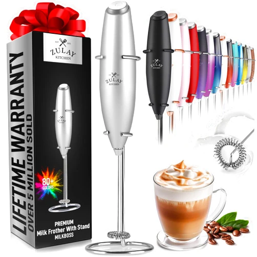 Zulay Kitchen Zulay Powerful Milk Frother Handheld Foam Maker for Lattes - Whisk Drink Mixer for Coffee, Mini Foamer for Cappuccino, Frappe, Matcha, Hot Chocolate by Milk Boss (Silver)