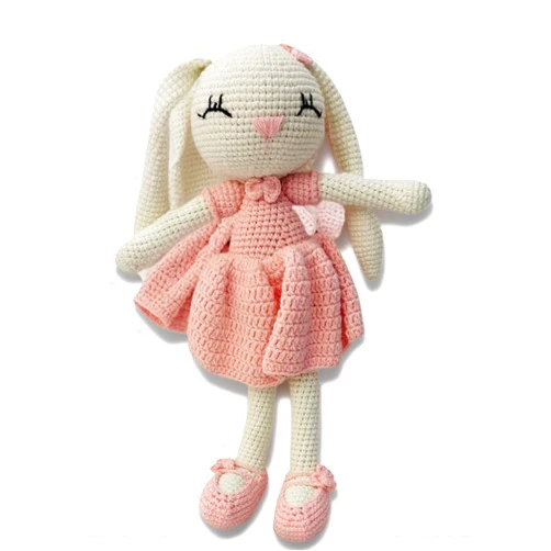 BBYP Knitted Stuffed Animal for Baby, Lop Eared Rabbit, Pink Dress Crochet Rabbit Baby Toys, Rattle Bunny Toy for 3 4 5 Year Old Girl(10.6 Inches)