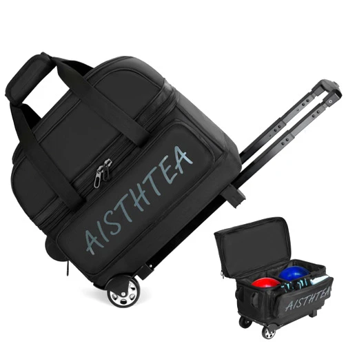 Aisthtea Bowling Ball Bag with Wheels, 2 Ball Trolley Bowling Bags with Large Separate Shoe Compartment and Oversized Accessory Pocket