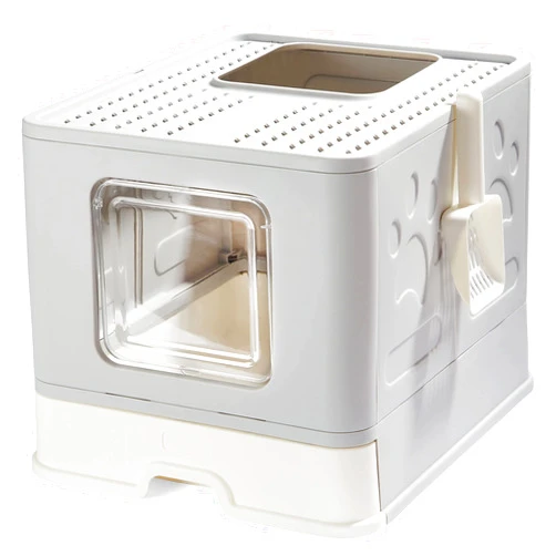 Suhaco Foldable Cat Litter Box with Lid, Large Top Entry Anti-Splashing with Cat Litter Scoop, Enclosed Plastic Kitty Litter Box with Drawer Type Easy Clean Cat Litter Pan(Gray)