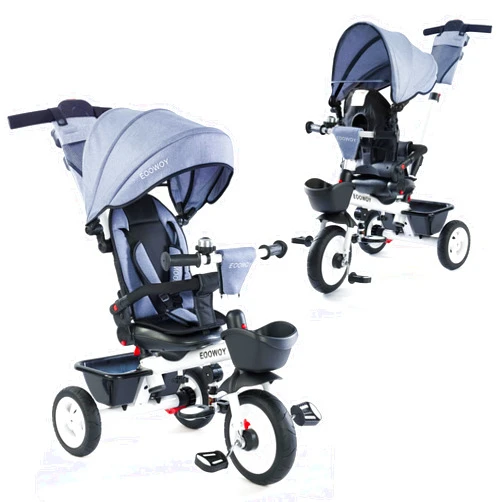 EOOWOY Baby Trike, 6-in-1 Kids Tricycle with Adjustable Push Handle, Removable Canopy, Safety Harness for 18 Months - 5 Year Old(Light Grey)
