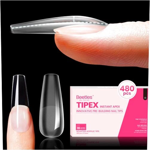 Beetles Gel Polish Beetles Tipex Instant Apex Nail Tips, 480Pcs Pre-building & Pre-Etched Tipex Gel Nail Tips, Thick Strong Acrylic Nails Clear Full Cover Long Coffin False Nails for Flat Nails Deep Curve