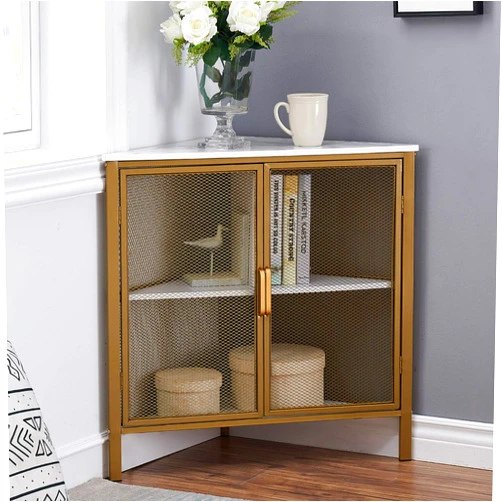 VECELO Corner Storage Cabinet 3-Tier Shelf for Small Space in Living Room, Bedroom, Two Mesh Doors, Retro Gold