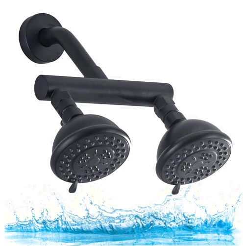AZOS High Pressure Double Shower Head with Shut-Off Valve and Shower Arm Set Solid Brass Casting Dual Outlet Manifold Dual Shower Fixed Head 3 Function Shower Heads Sprayers, Matte Black