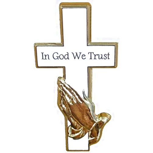 AshBro Inc. AshBro Inc In God We Trust Gold Plated Christian Lapel Cross Pin with Praying Hands which can Compliment any White Dove with American Flag Lapel Pin Christian - Pckg Options (1)