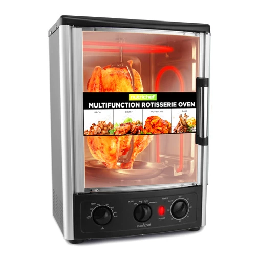 Nutrichef Vertical Countertop Oven with Rotisserie, Bake, Broil, & Kebab Rack Functions - Adjustable Settings - 2 Shelves - 1500W - Thanksgiving Turkey - Includes Grill, Kebab skewer racks & bake pan