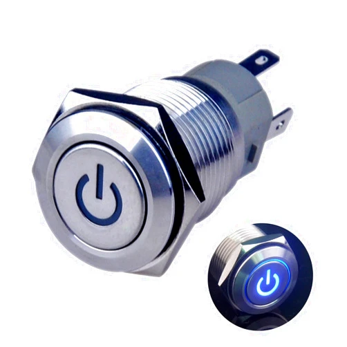 Ulincos Latching Push Button Switch U16F5 1NO1NC SPDT ON/Off Silver Stainless Steel Shell with Blue Power Symbol LED Suitable for 16mm 5/8
