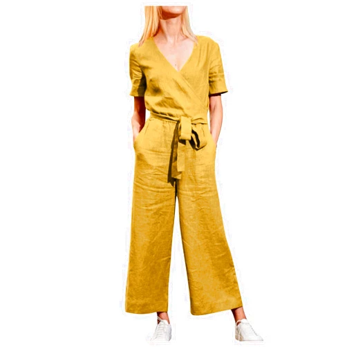 YfiDSJFGJ Joggers for Women Elegant Casual Wide Leg Pants Jumpsuit Belt Pockets V-Neck Short Sleeve Jumpsuit Workout Bodysuit