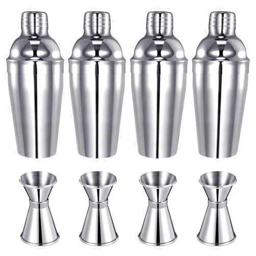 Umigy 4 Packs Cocktail Shaker Set Martini Shaker Bulk Stainless Steel Martini Mixer with Strainer Drink Shaker with Double Measuring Jigger for Bar Party Home Use Wine Shaker Bar Mixing Tool (18 oz/ 550 ml)