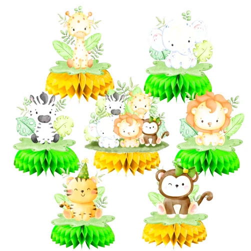 Generic 7pcs Woodland Animals Honeycomb Centerpieces Safari Jungle Table Decorations Lion Tiger Deer Elephant for Kids Safari Baby Boy Shower Wild One Forest Birthday Christmas Party Decorations