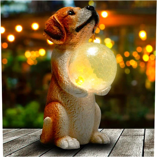 Yiosax-Solar Garden Dog Statue Light-Retriever Figurine - Outdoor Golden Retriever Decor with Flickering Crackled Glass Globe Housewarming Garden Gift (11.22inch Tall)…
