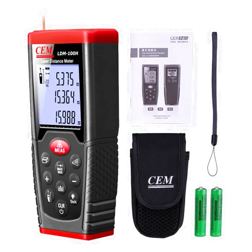 CEM LDM-100H Laser Distance Measure 328ft, IP54 Waterproof, Measures Distance, Area, Volume, M/In/Ft Switch, Includes Batteries & Illumination