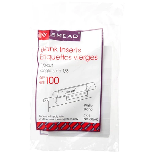 Smead Replacement Insert for Poly Tab, Blank, 1/3-Cut, White, 100 per Pack (68670)