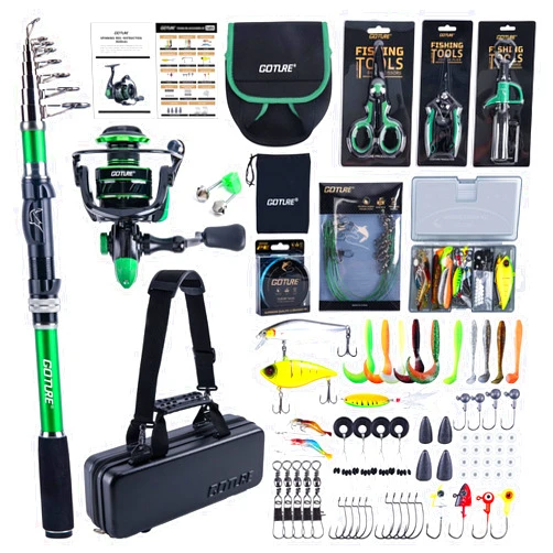Goture Fishing Rod and Reel Combo - Green Telescoping Fishing Pole Portable Travel Kit with Carrier Bag for Freshwater Saltwater