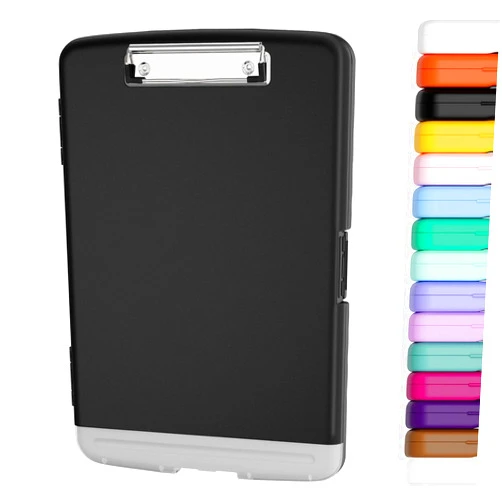Piasoenc Clipboard with Storage, 8.5 x 11 Organization Box with Pen Holder and A4 Legal Paper Folder, Heavy Duty Plastic, Folio & Side-Opening, Low Profile Clip for Nurses, Teachers, Lawers, Black